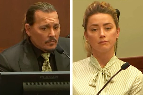 Johnny Depp e Amber Heard durante o julgamento do processo de difamação do ator contra a atriz em 19 de abril de 2022 (Foto: reprodução)