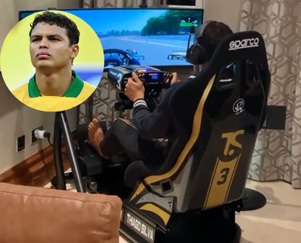 Thiago Silva brinca em simulador de corrida (Foto: Reprodução/Instagram)