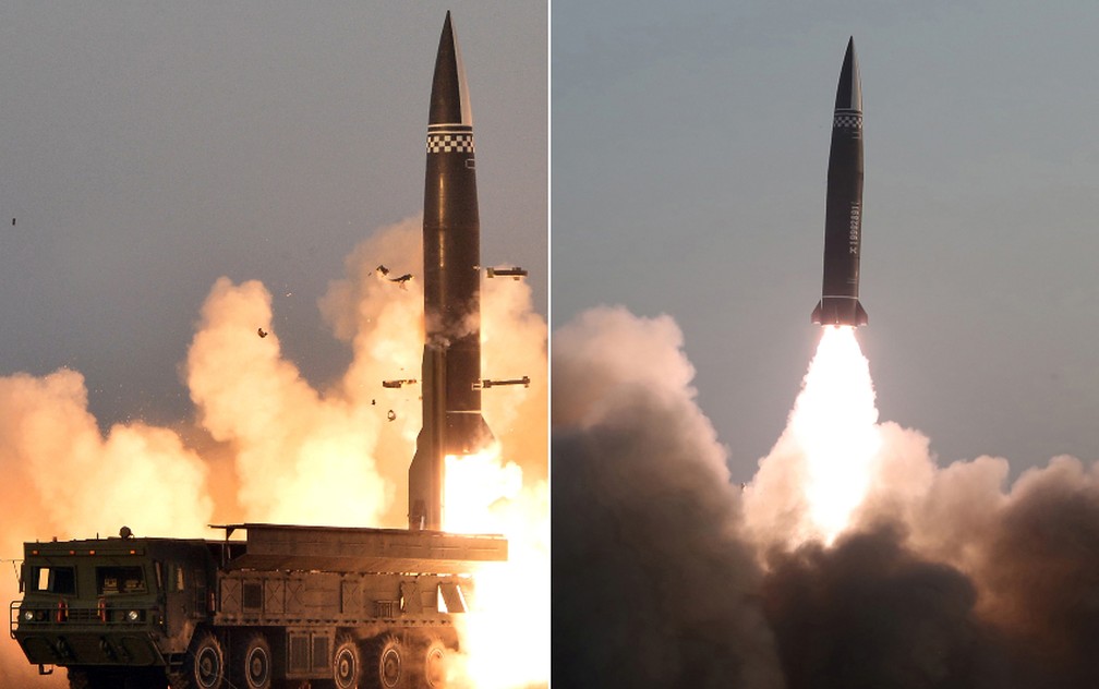 Fotos mostram novo míssil da Coreia do Norte durante teste realizado nesta quinta-feira (25) — Foto: KCNA via REUTERS