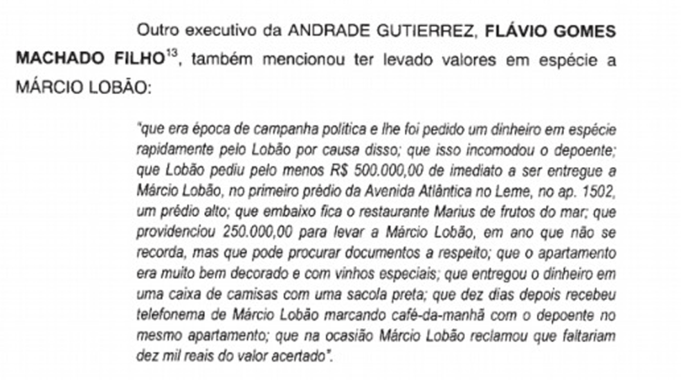 Trecho de relatório da Polícia Federal que narra depoimento de delator sobre Márcio Lobão, filho do senador Edison Lobão (Foto: Reprodução)