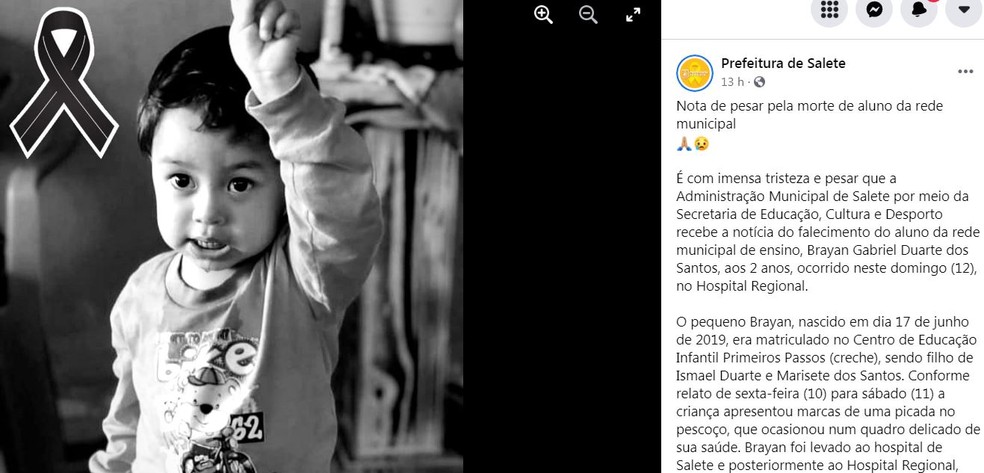 Prefeitura de Salete (SC) lamentou a da criança nas redes sociais — Foto: Prefeitura de Salete/Reprodução 