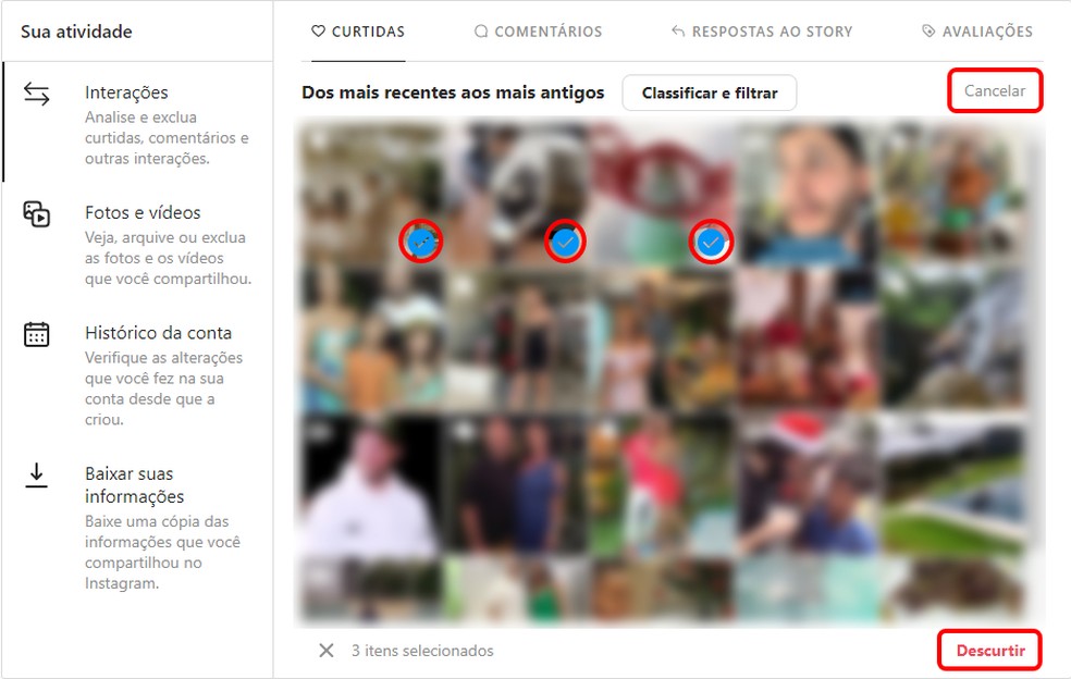 É possível descurtir várias fotos do Instagram ao mesmo tempo pelo computador — Foto: Reprodução/Rodrigo Fernandes
