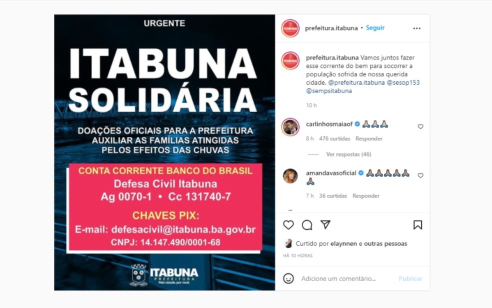 Prefeitura de Itabuna cria campanha de arrecadação para ajudar famílias afetadas pelas chuvas  — Foto: Reprodução/Redes Sociais