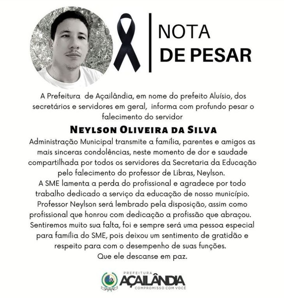 Prefeitura de Açailândia divulga nota de pesar pela morte de professor — Foto: Divulgação