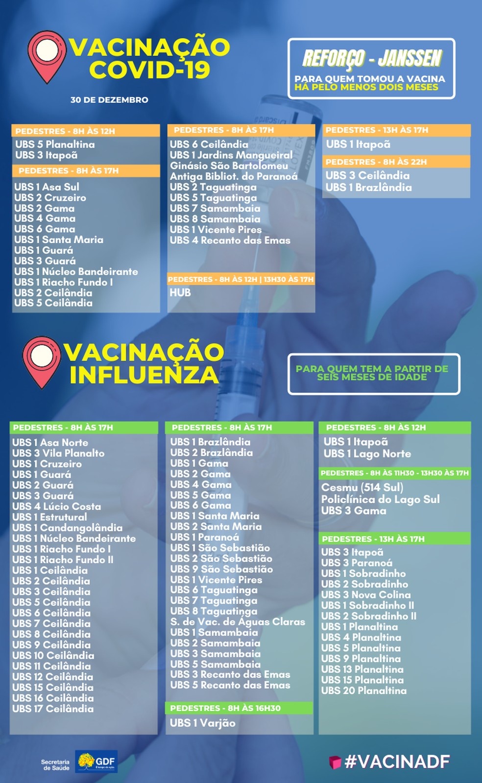 Pontos de vacinação contra Covid-19 nesta quinta-feira (30) — Foto: SES-DF/Reprodução