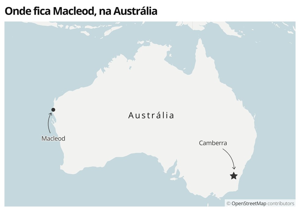 Mapa mostra a localização da cidade de Macleon, onde a garota Cleo Smith, de 4 anos, desapareceu — Foto:  g1