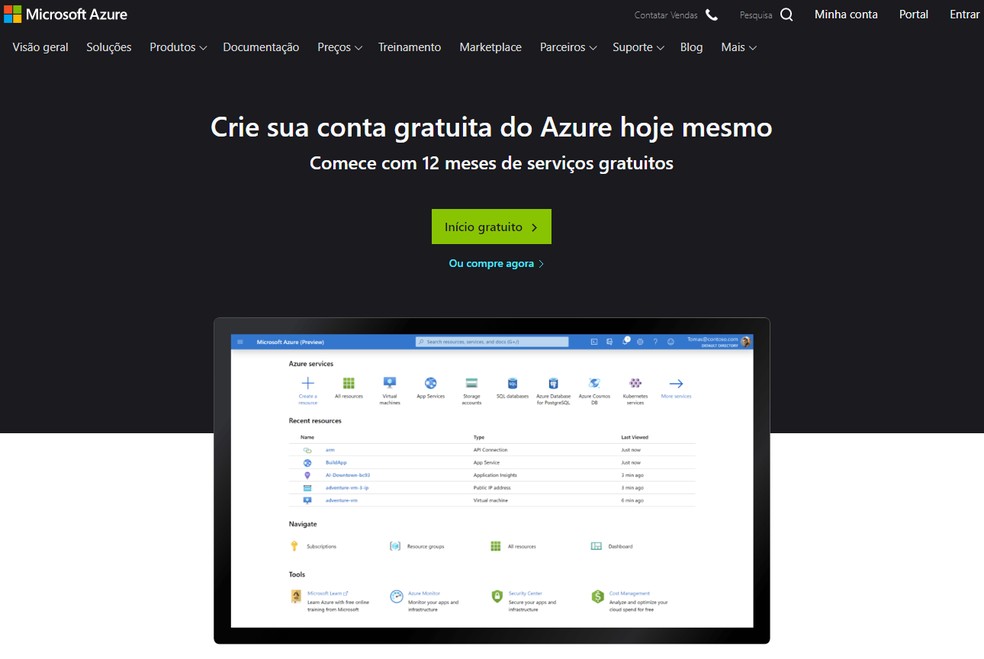 Microsoft Azure tem planos gratuitos; planos pagos podem ser pré e pós-pagos — Foto: Reprodução/Filipe Garrett