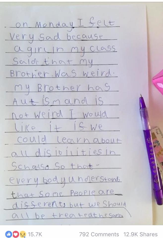 Aos 6 anos, menina pede mais esclarecimentos sobre autismo nas escolas (Foto: Reprodução Facebook)