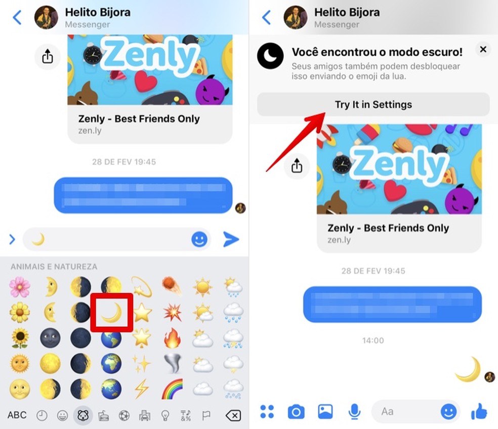 Envie o emoji de meia lua pelo Facebook Messenger — Foto: Reprodução/Helito Beggiora