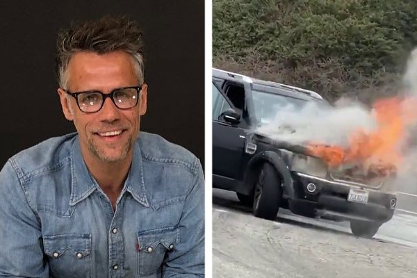 O carro do apresentador Richard Bacon acabou pegando fogo durante um passeio (Foto: Reprodução / Instagram)