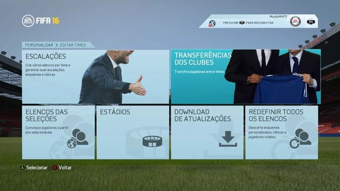 Clique em transferências no menu de Fifa 16 (Foto: Reprodução/Murilo Molina)