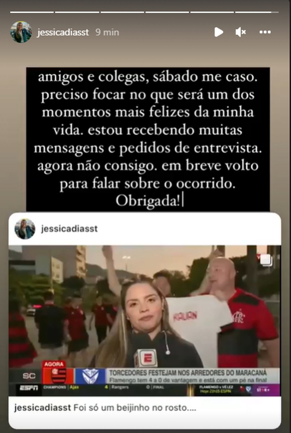 Repórter Jéssica Dias, da ESPN, postou nas redes sociais após ser assediada no Maracanã — Foto: Reprodução/ Instagram