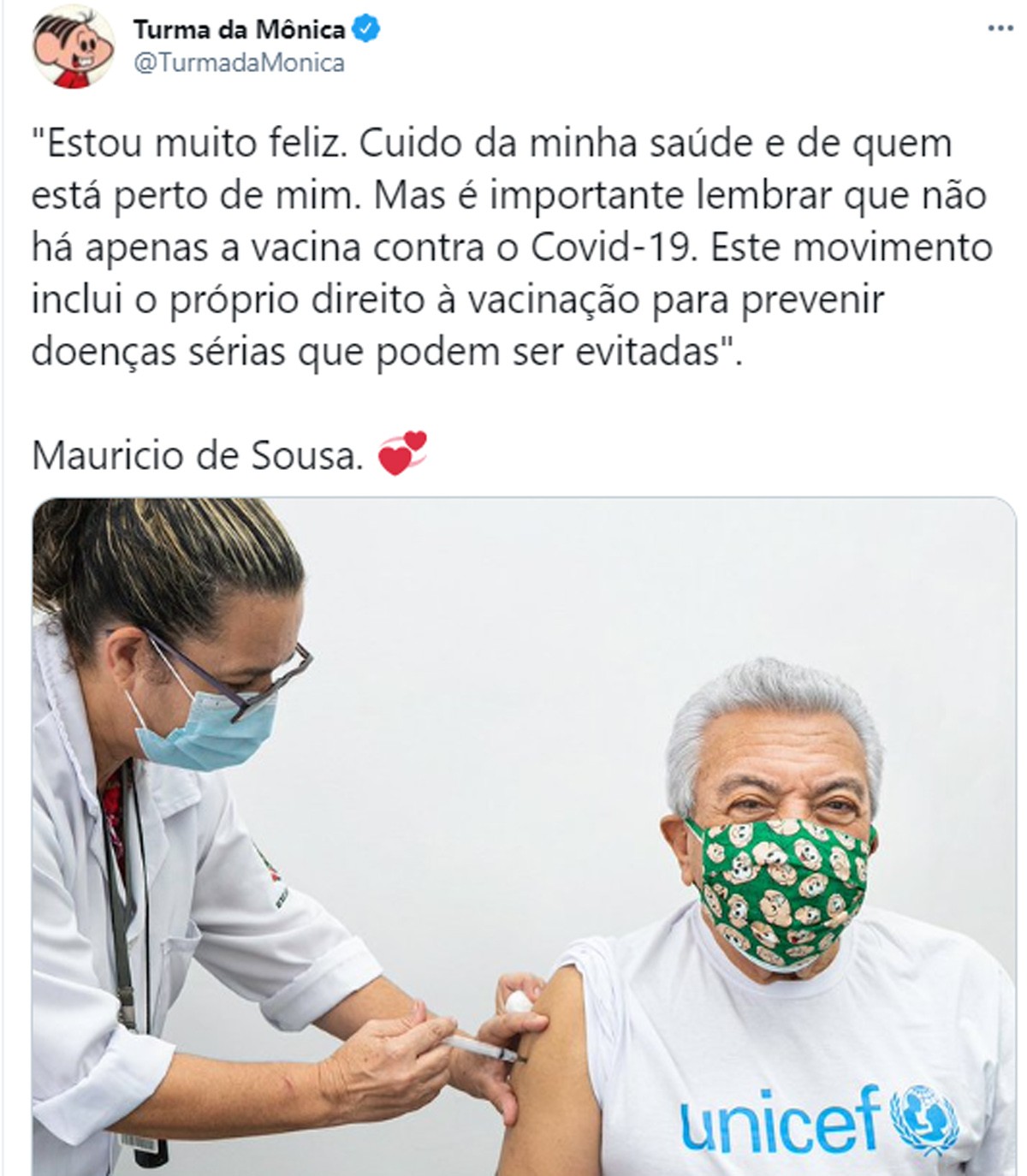 Mauricio de Sousa é vacinado contra Covid-19 (Foto: Reprodução/Twitter)