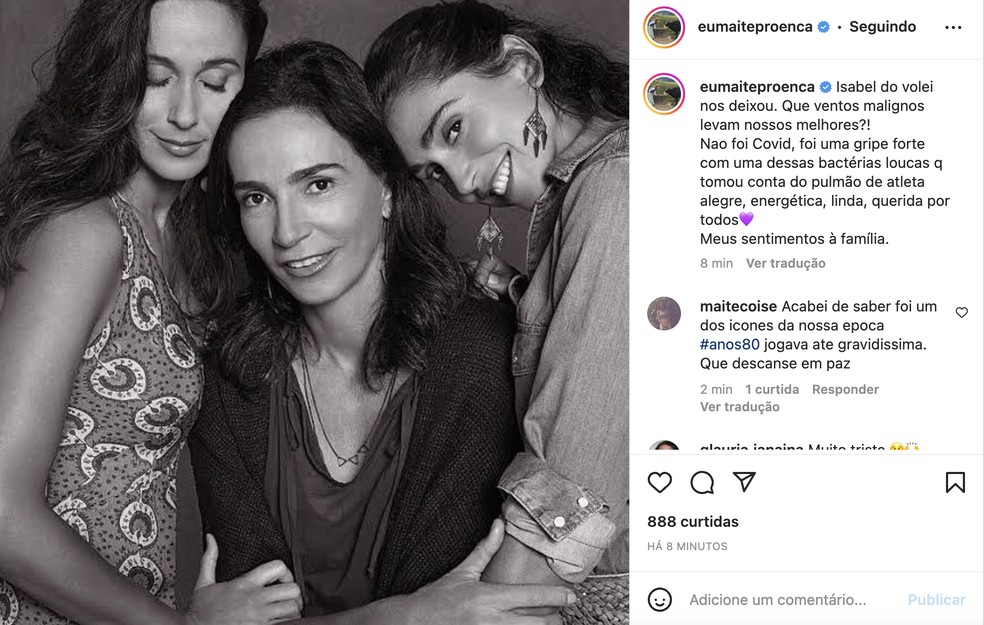 Maitê Proença lamenta a morte de Isabel Salgado — Foto: Reprodução / Instagram