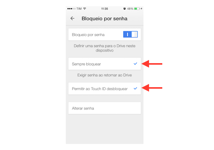 Definindo as opções de bloqueio por código do Google Drive para iPhone (Foto: Reprodução/Marvin Costa)