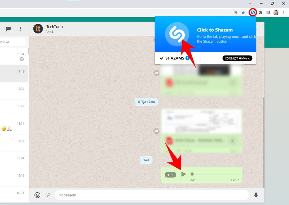 Shazam ajuda a descobrir o nome da música que está tocando com extensão para Chrome — Foto: Reprodução/Rodrigo Fernandes