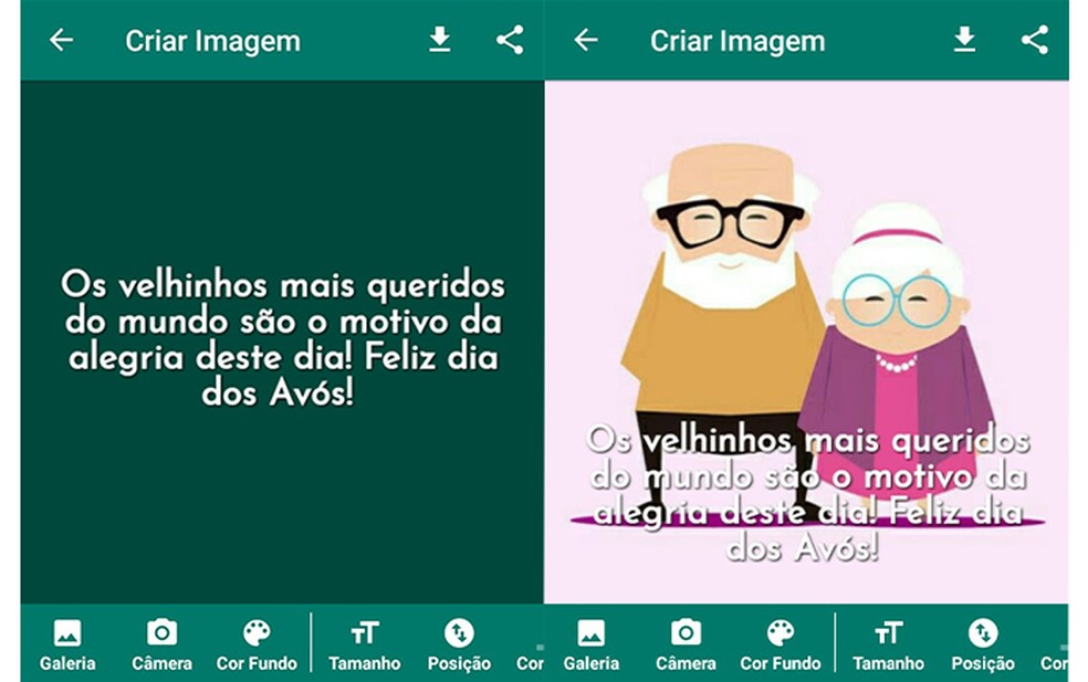 Mensagens e Frases prontas para WhatsApp é um editor de fotos simples para criar homenagens aos avós — Foto: Reprodução/Marcela Franco
