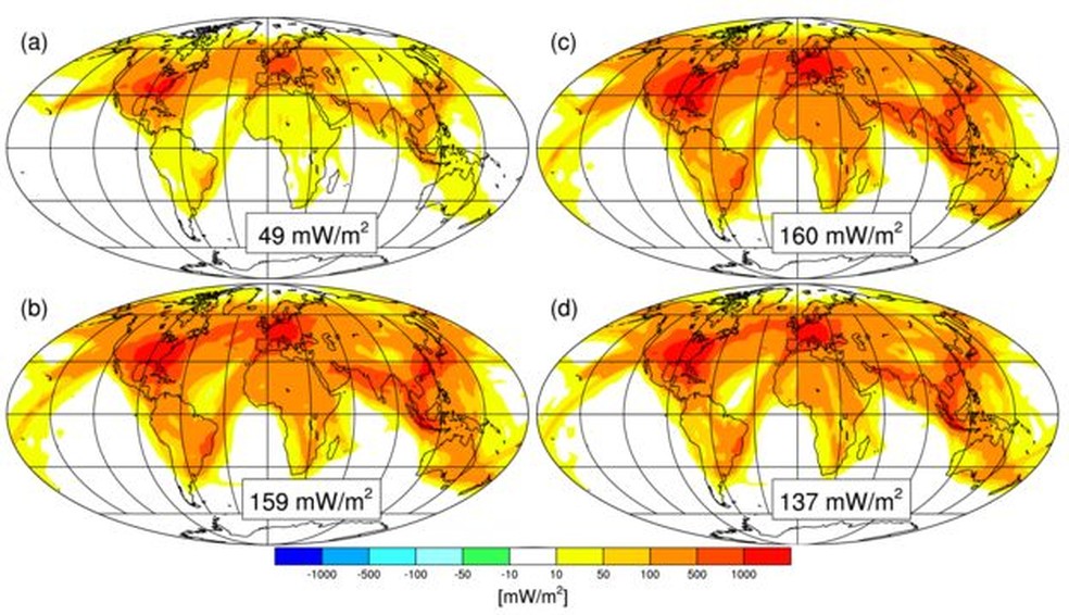 Infográfico mostra variações do calor da terra de acordo com o volume de tráfego aéreo — Foto: Bock e Burkhardi/BBC