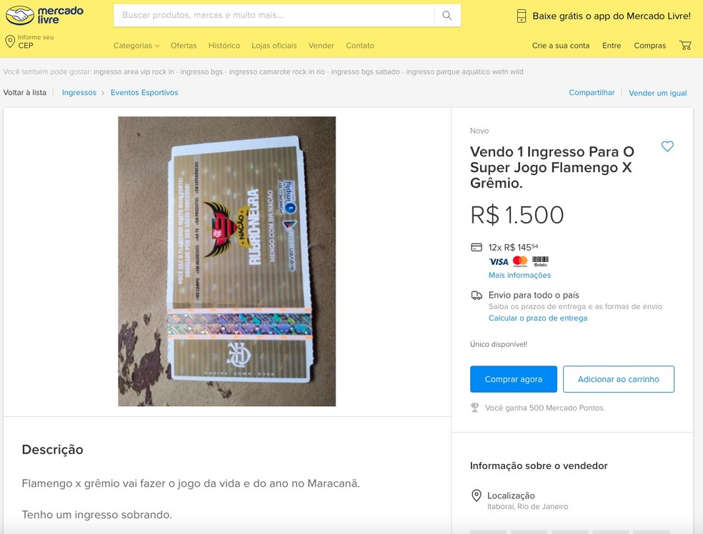 Ingresso para o Setor Sul, com preço original de R$ 160 para público geral e R$ 80 para sócio-torcedor, é revendido a R$ 1.500 em plataforma virtual — Foto: Reprodução