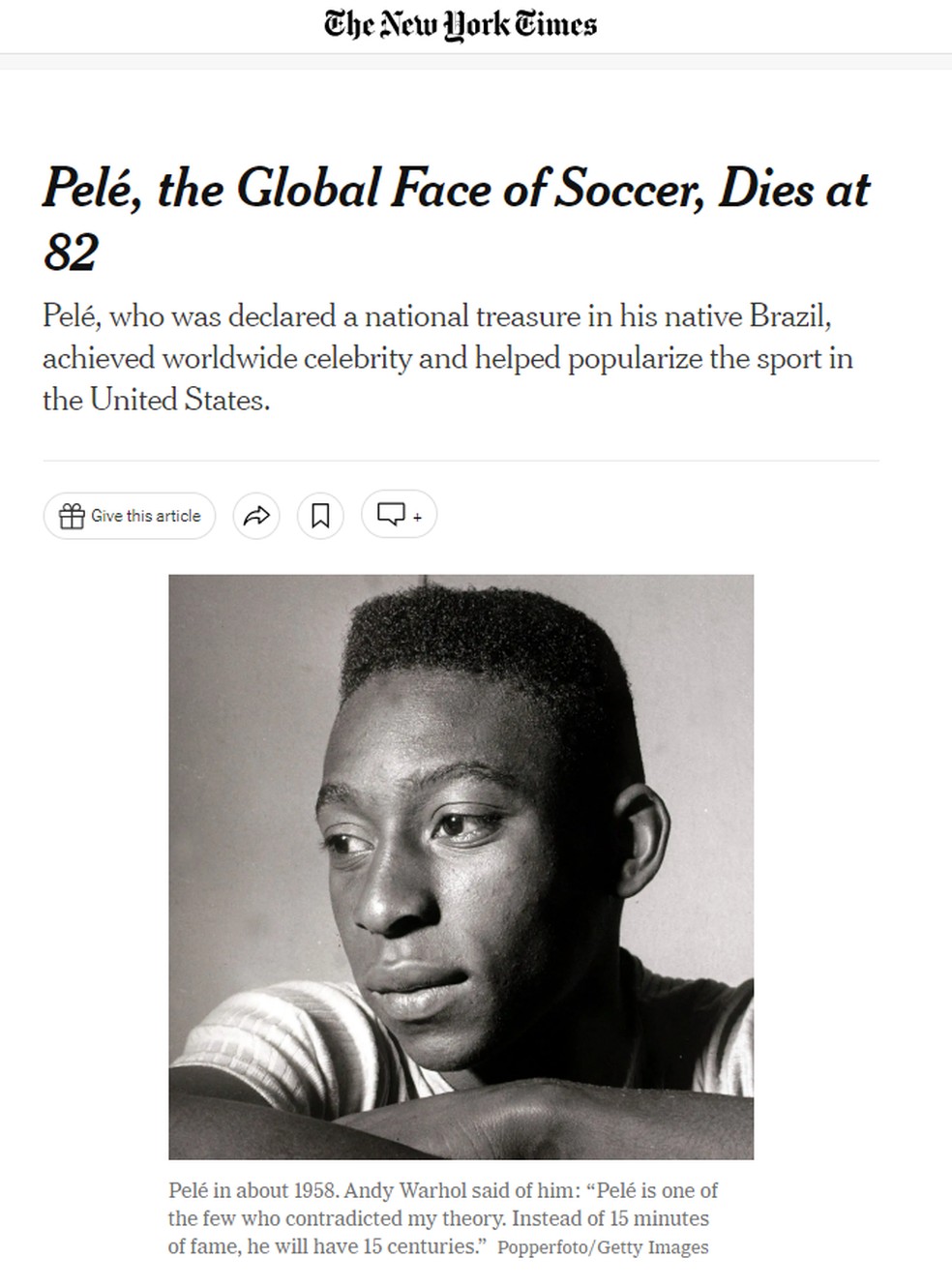 Capa do New York Times para morte de Pelé — Foto: Reprodução