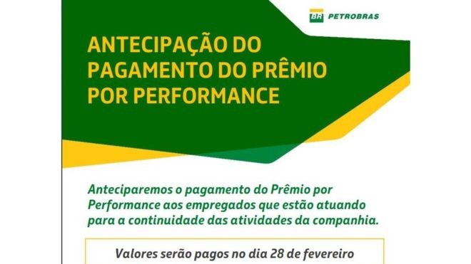 A petroleira promete pagar 30% do valor total prometido pelo PPP a cada funcionário no dia 28 de fevereiro - três meses antes do previsto. (Foto: PETROBRAS, via BBC News Brasil)