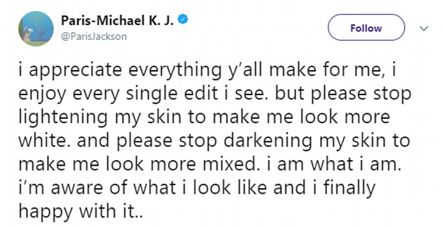 O pedido feito por Paris Jackson para que seus fãs parem de clarear sua pele (Foto: Twitter)