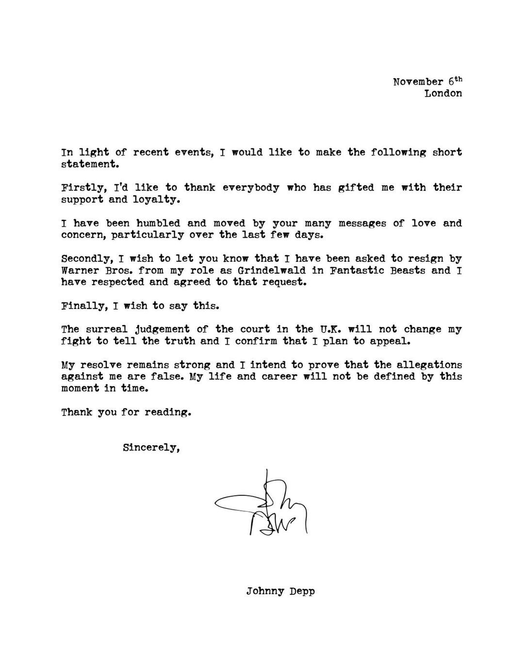 A carta de Johnny Depp avisando que não está mais na franquia Animais Fantásticos (Foto: Reprodução Instagram)