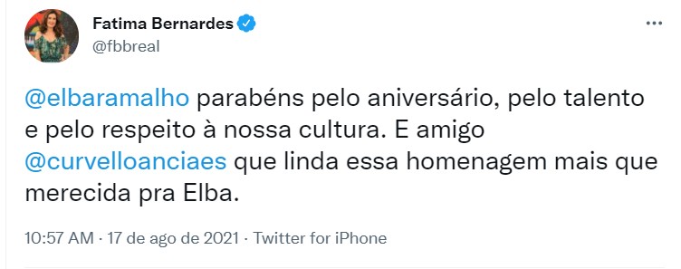 Fátima Bernardes homenageia Elba Ramalho na rede social (Foto: Reprodução/Twitter)