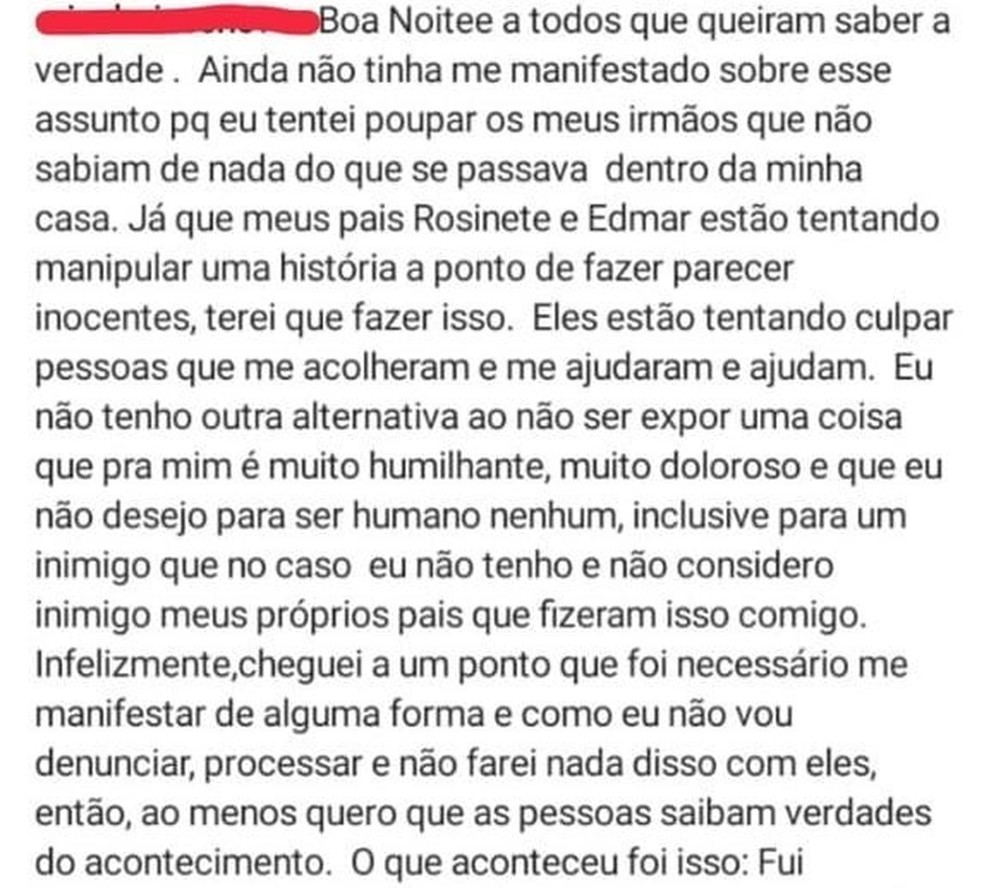 Parte do relato da vÃ­tima em uma rede social dizendo que era estuprada pelo pai e que a famÃ­lia era conivente com o crime (parte 1) â Foto: ReproduÃ§Ã£o/Redes Sociais