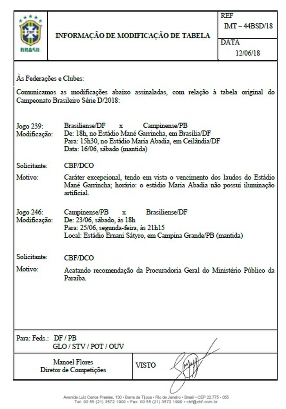 MudanÃ§as realizadas pela CBF foram confirmadas nessa segunda-feira (Foto: ReproduÃ§Ã£o / CBF)