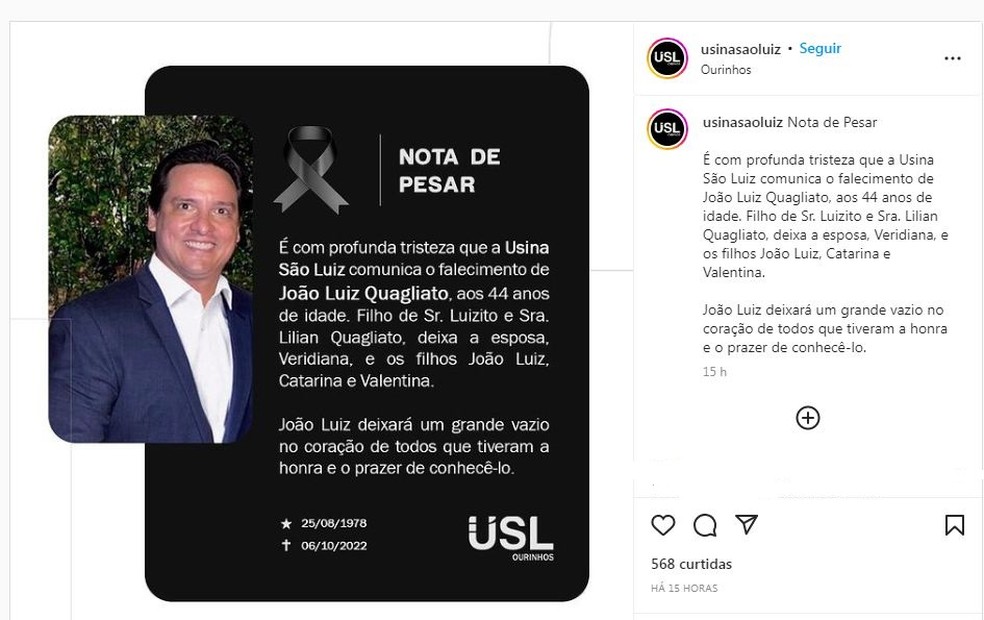 Empresa com sede em Ourinhos divulgou nota de pesar pela morte do empresário  — Foto: Reprodução/Facebook
