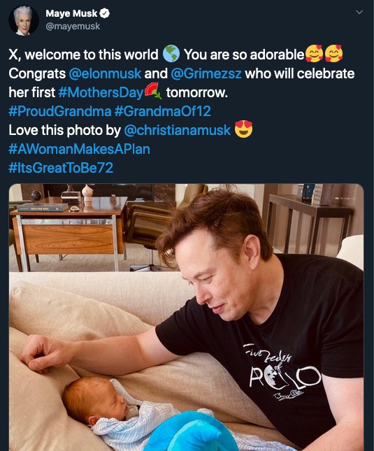 O post da mãe do empresário Elon Musk, Maye Musk, revelando o apelido dado por ela ao neto, X (Foto: Twitter)