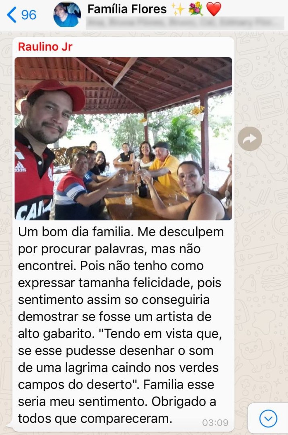 Em última mensagem no grupo da família, Junior disse que não conseguia expressar a felicidade de estar junto com familiares e agradeceu a todos (Foto: Arquivo da família)
