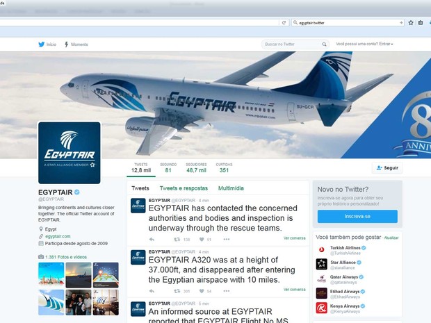 Alerta sobre desaparecimento de avião da EgyptAir no Twitter da companhia aérea (Foto: Reprodução / Twitter da EgyptAir)