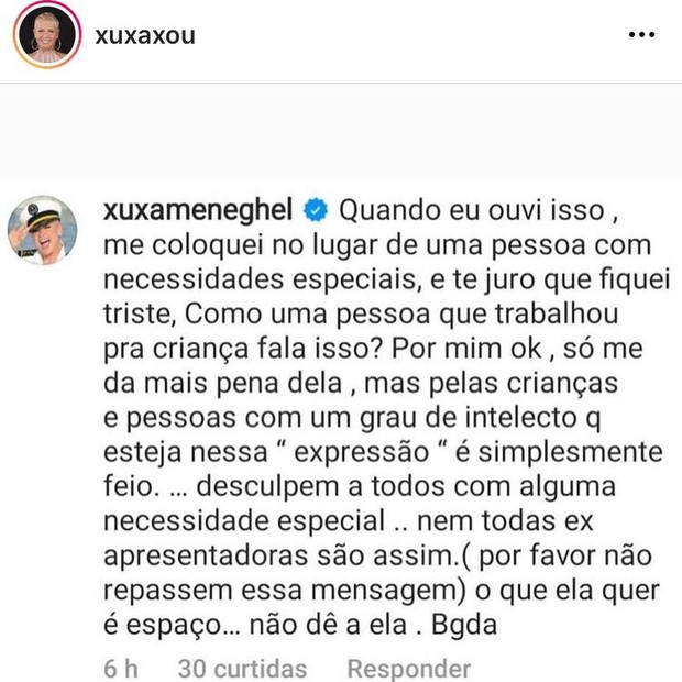 Comentário de Xuxa (Foto: Reprodução/Instagram)