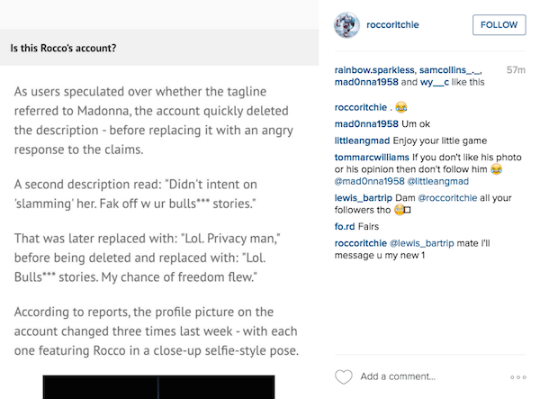 Um registro do único post da conta atribuída a Rocco, que faz piada com os questionamentos sobre quem é realmente o responsável pela conta (Foto: Reprodução/Instagram)