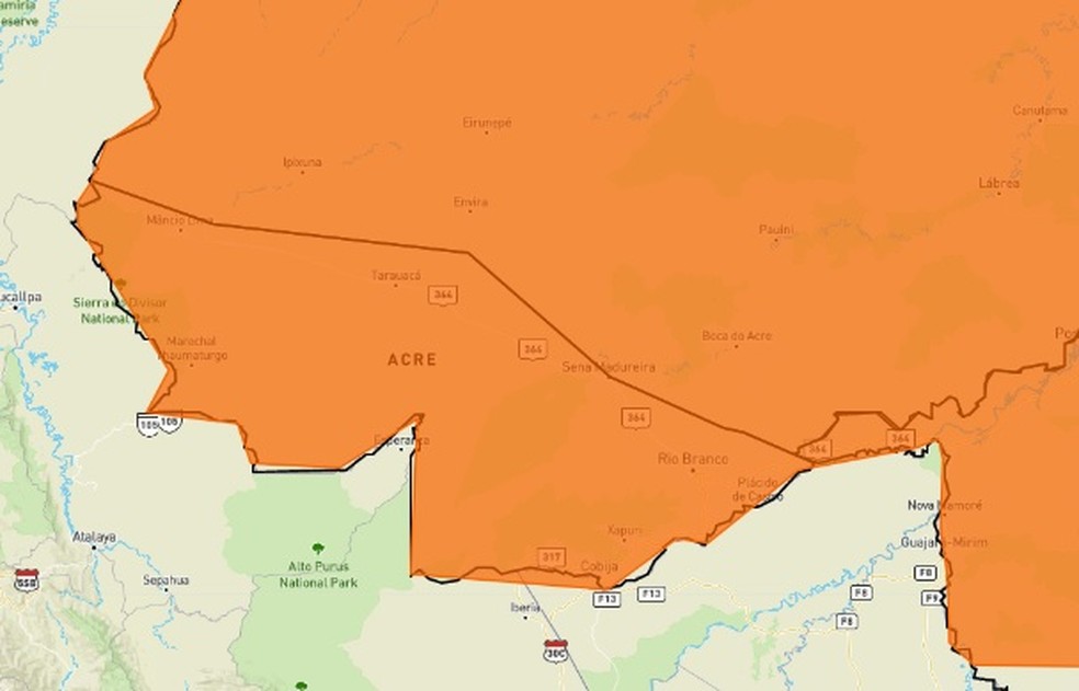 Inmet alerta para temporal em todo o Acre neste domingo (6) — Foto: Reprodução/Inmet