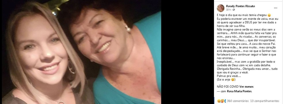 Sobrinha do ministro prestou homenagem para a mãe e reforçou que ela não morreu de Covid — Foto: Facebook/Reprodução