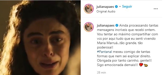 Juliana Paes agradece mensagens de seguidores após capítulo de Pantanal (Foto: Reprodução/Instagram)