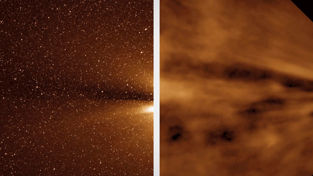 À esquerda, imagens de ventos solares feitas pelo observatório espacial STEREO, da Nasa. À direita, a imagem depois o processo computacional. Cientistas usaram um algoritmo  para diminuir a aparência do brilho e poeira em  imagens de ventos solares fracos. (Foto: NASA’s Goddard Space Flight Center/Craig DeForest, SwRI)