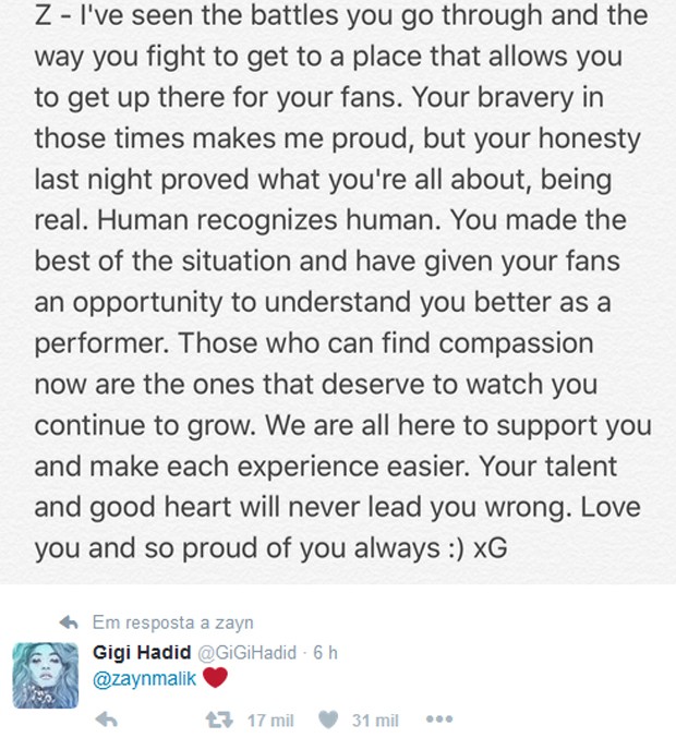 Mensagem de apoio de Gigi (Foto: Twitter / Reprodução)