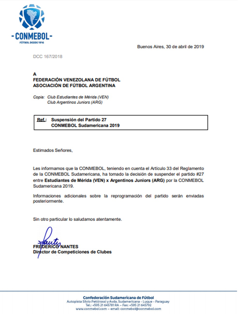 Comunicado Conmebol suspende partida Sul-Americana — Foto: Reprodução