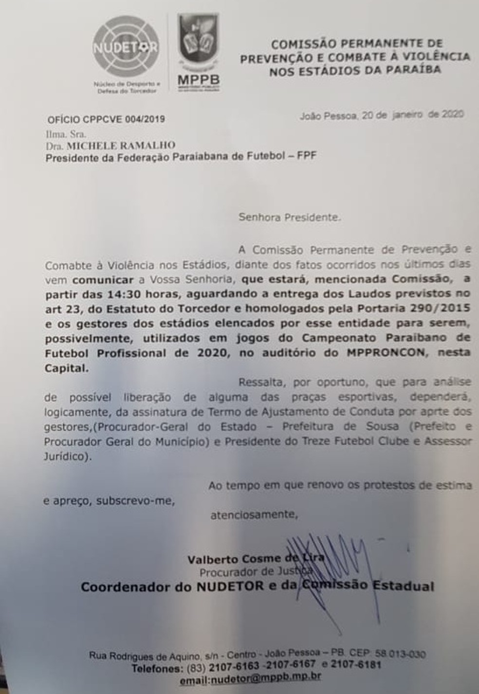 Ofício assinado pelo procurador Valberto Lira endereçado à presidenta da Federação Paraibana de Futebol (FPF), Michelle Ramalho — Foto: Divulgação / Nudetor