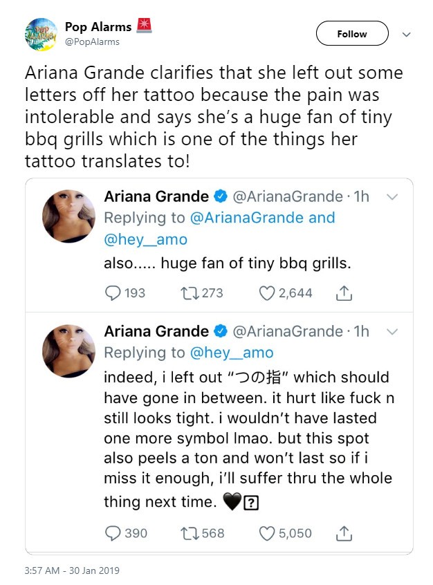 Ariana Grande faz tatuagem em japonês e erra (duas vezes)