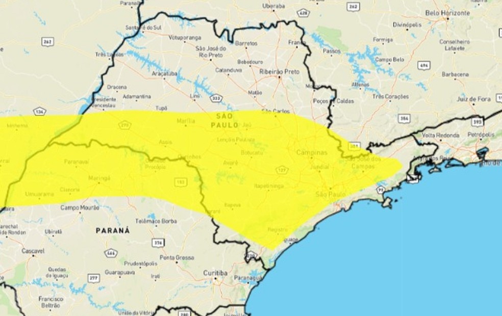 Área destacada em amarelo tem alerta sobre risco potencial de vendaval — Foto: INMET/Reprodução