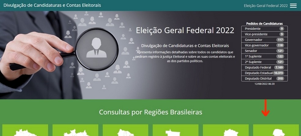 Página inicial do site do TSE para divulgação de candidaturas e contas eleitorais 2022  — Foto: Reprodução/Raquel Freire