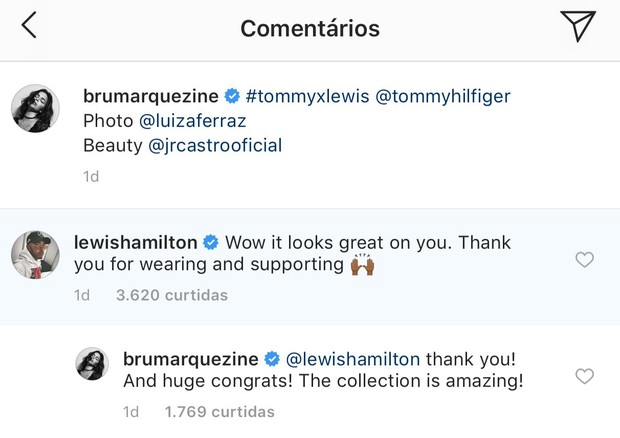 Lewis Hamilton elogia Bruna Marquezine e Izabel Goulart (Foto: Reprodução/Instagram)