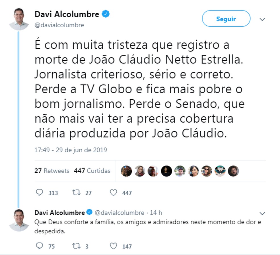 Presidente do Congresso Nacional, Davi Alcolumbre (DEM-AP), manifesta pesar pela morte do jornalista JoÃ£o Estrella â Foto: Twitter/ReproduÃ§Ã£o