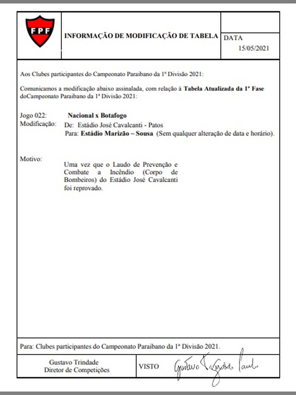 Documento decretando a mudan�a de local do duelo entre Nacional de Patos e Botafogo-PB � Foto: Divulga��o / FPF-PB