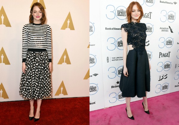 Emma com dois looks recentes em que optou por saia e vestido midi (Foto: Getty Images)